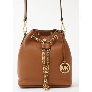 MICHAEL KORS Pebbled Leather Drawstring Bucket Bag – Brown/Gold